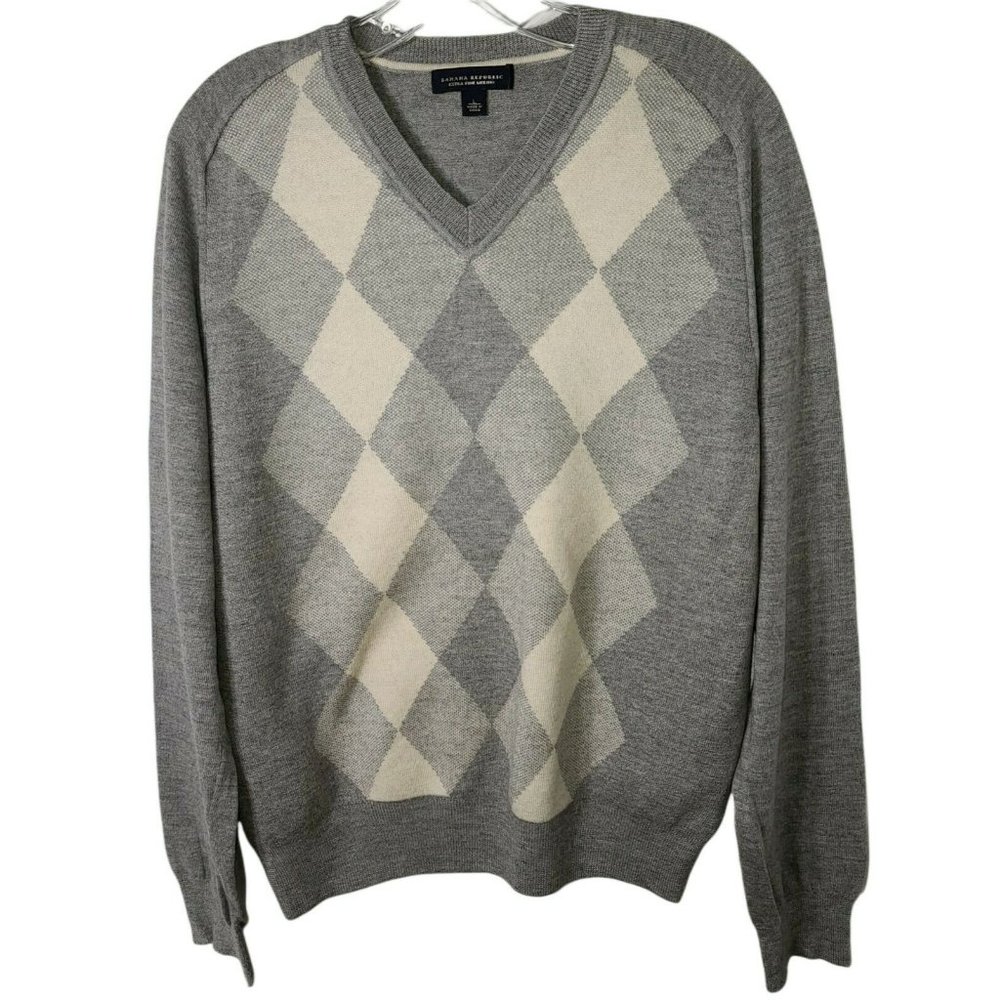 Banana Republic Extra Fine Merino Wool Gray & Cream Argyle Sweater Size Large